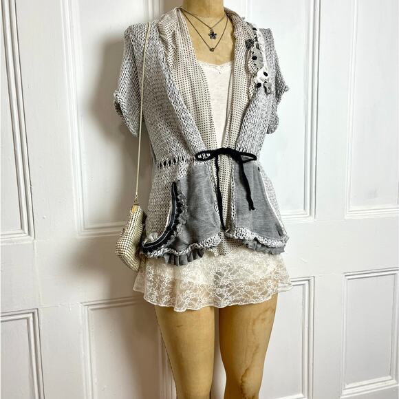 Made in Italy Tricot Chic Boho Sweater Top with Lace & Ruffle Details - Picture 3 of 8